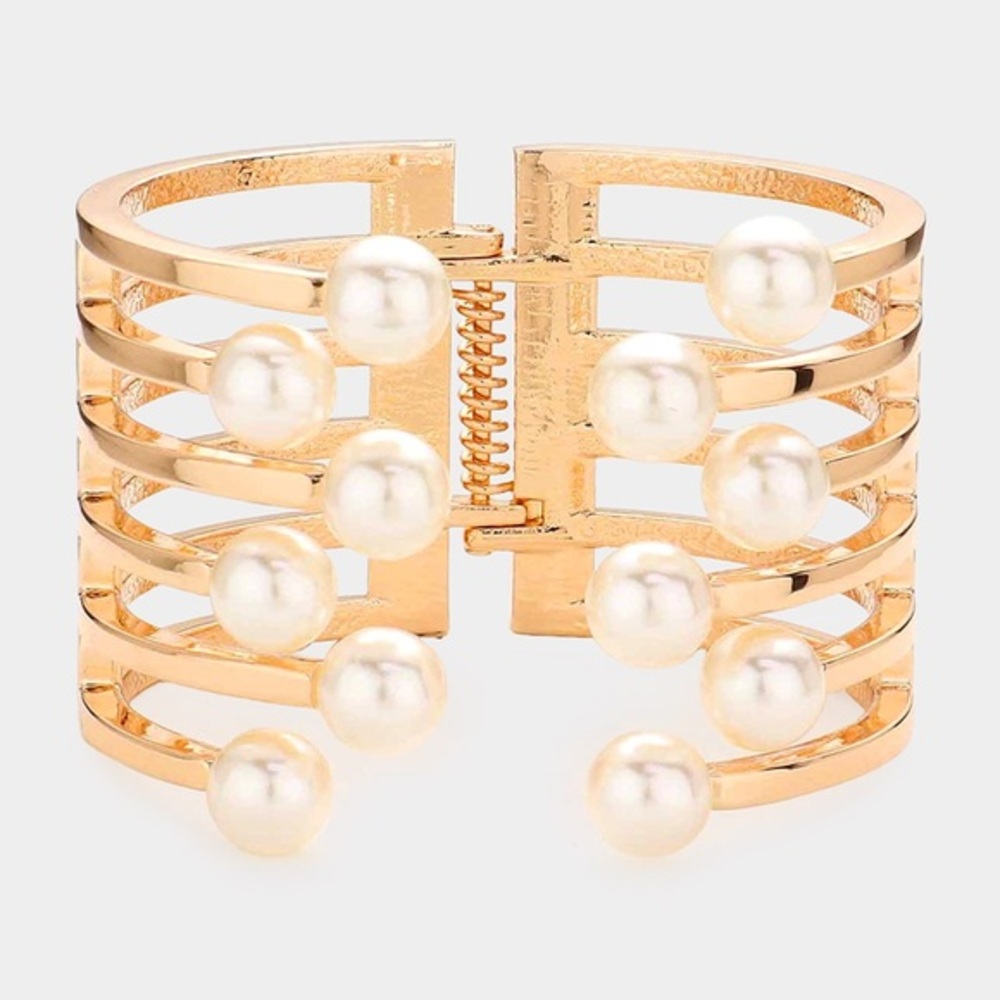 Gold pearl hinged cuff fashion statement cuff bracelet